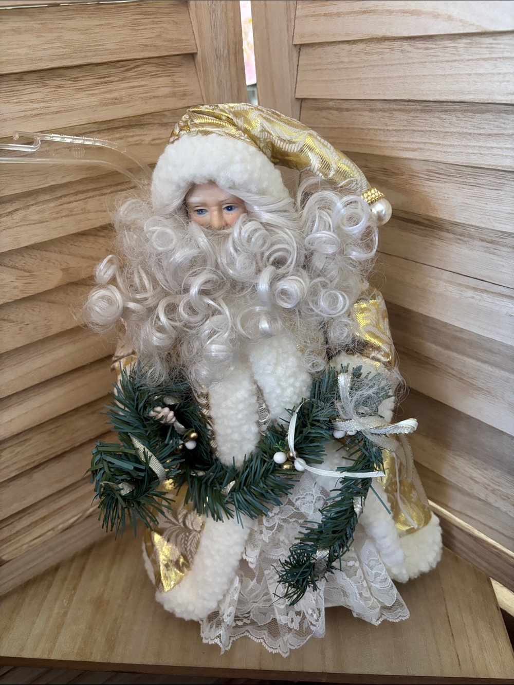Holiday Santa Tree Topper in Gold and White - Decorative Home Holiday Accent